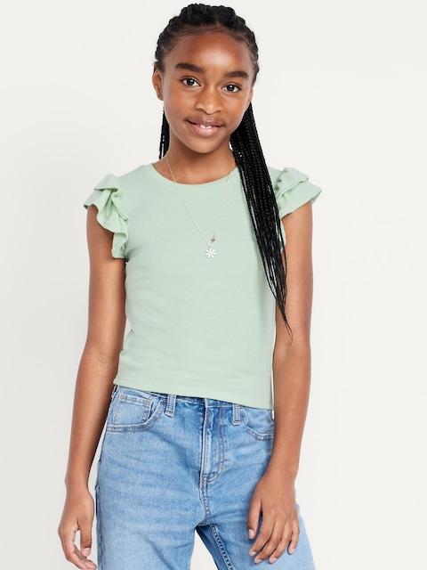 Fitted Short-Sleeve Ruffle-Trim Ribbed Top for Girls