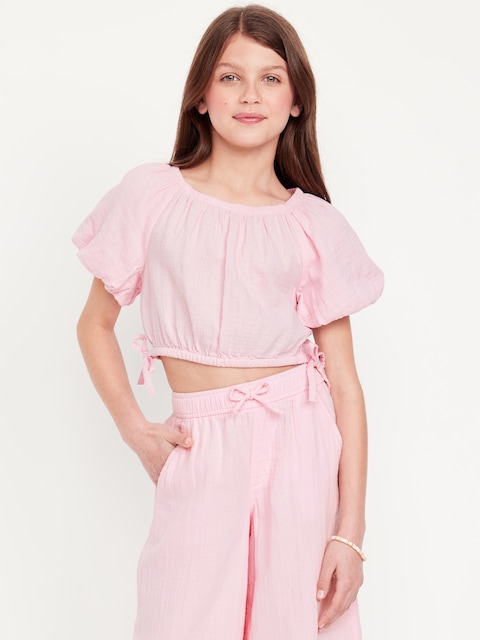 Cropped Short Puff-Sleeve Double-Weave Top for Girls