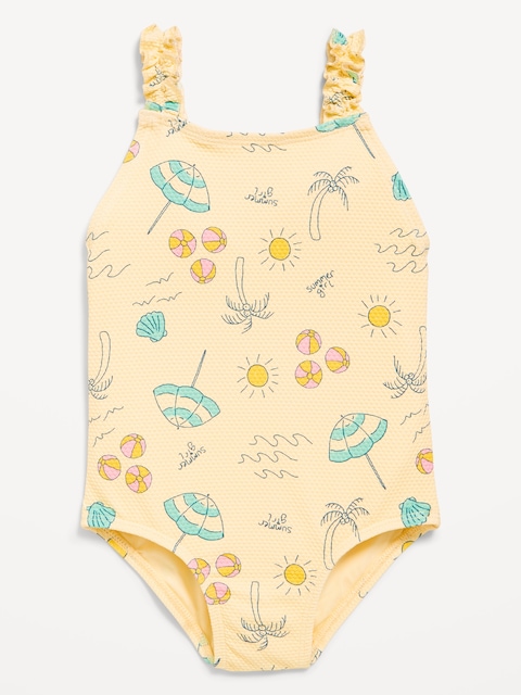 Printed Textured Ruffle-Strap One-Piece Swimsuit for Toddler Girls