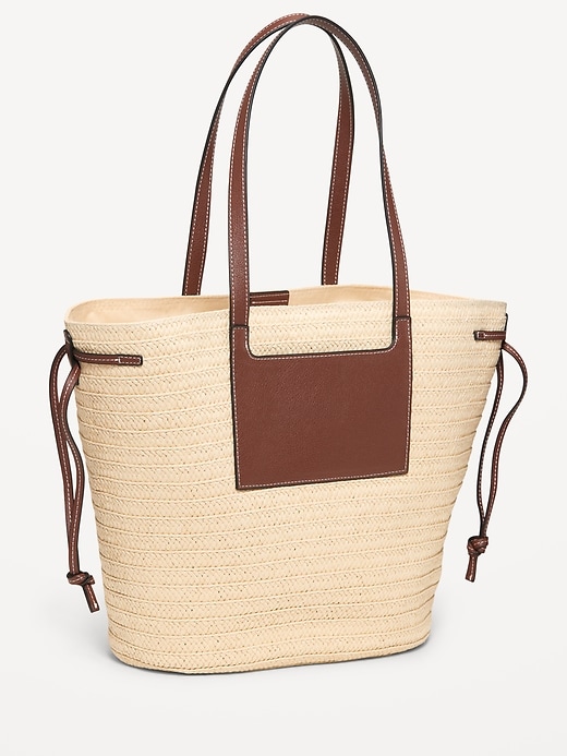 View large product image 1 of 3. Faux-Leather Drawstring Straw Tote