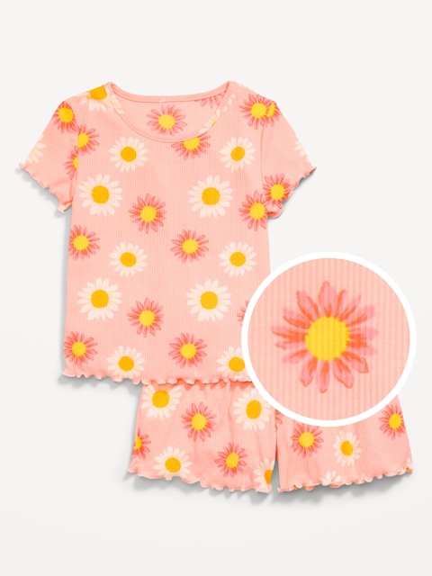 Ribbed Lettuce-Edge Pajama Top and Shorts Set for Girls