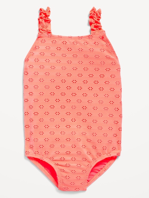 Maillot de bain une-pièce à bretelles volantées à broderie anglaise pour toute-petite fille