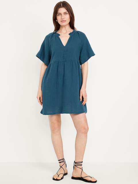 Split-Neck Crinkle Gauze Mini Swing Dress