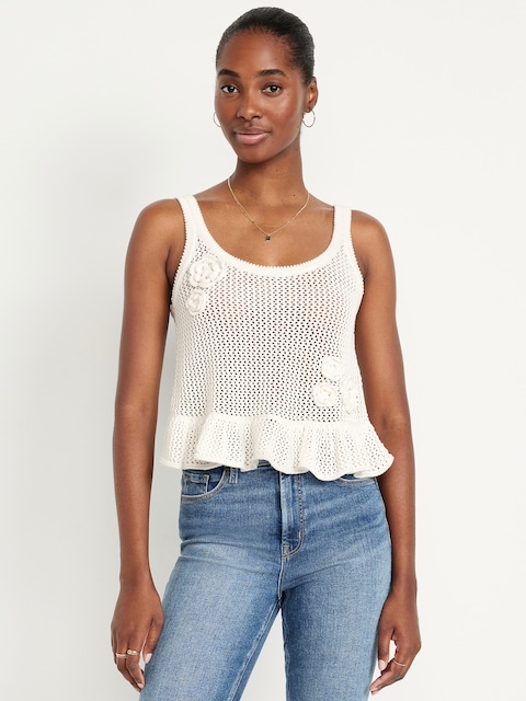 Sleeveless Open-Stitch Peplum Sweater