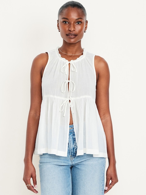Sleeveless Crinkle Gauze Tie-Front Top