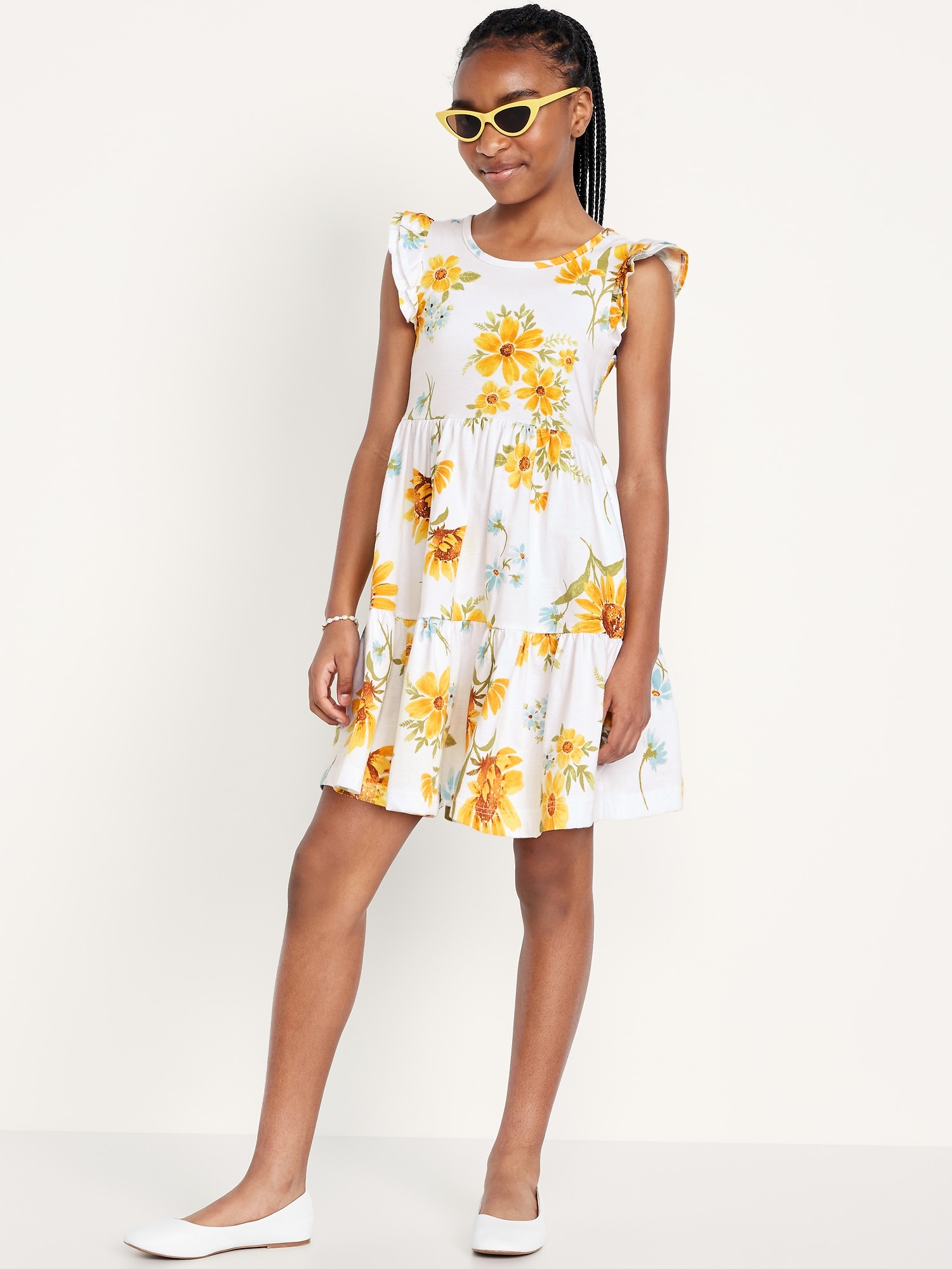 Printed Flutter-Sleeve Tiered Swing Dress for Girls