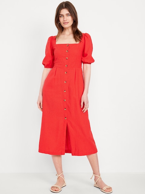Linen-Blend Button-Front Midi Dress