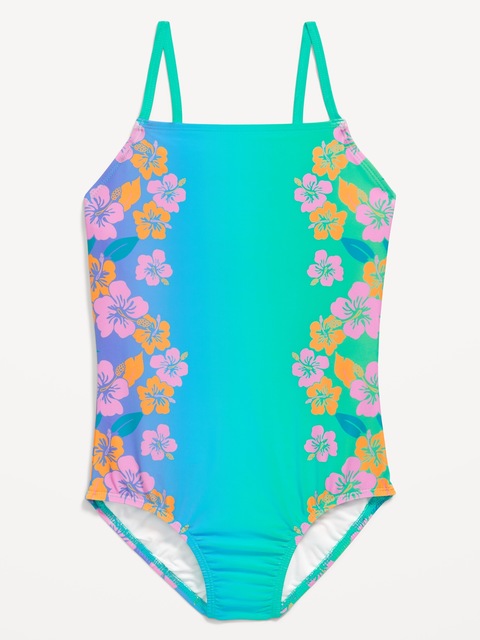 Printed Back Cutout One-Piece Swimsuit for Girls - Blue