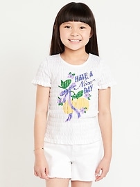 Image number 1 showing, Short-Sleeve Smocked Graphic T-Shirt for Girls