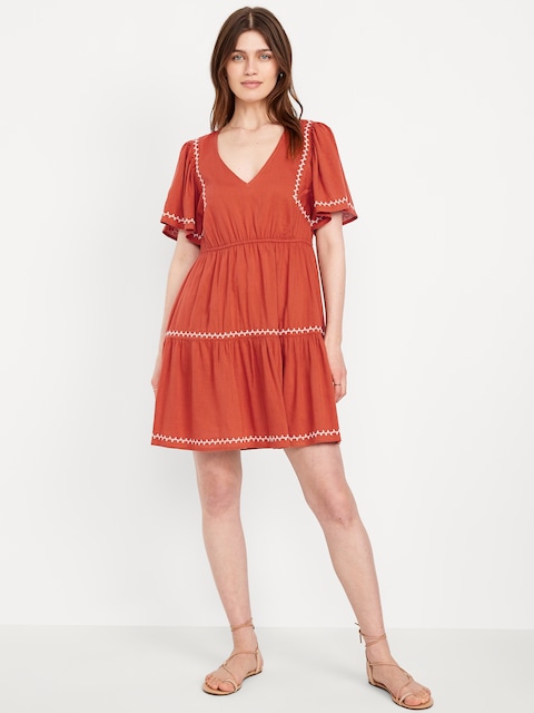 Waist-Defined Embroidered Mini Dress