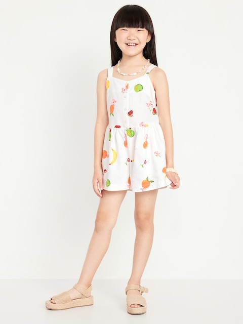Printed Sleeveless Button-Front Linen-Blend Romper for Girls