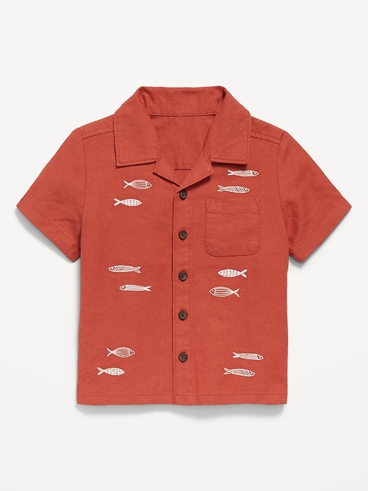View large product image 1 of 1. Short-Sleeve Embroidered Linen-Blend Shirt for Toddler Boys