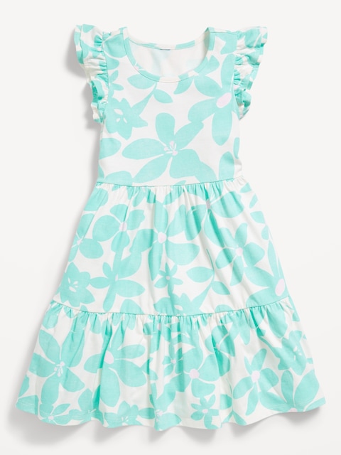 Printed Flutter-Sleeve Tiered Swing Dress for Girls