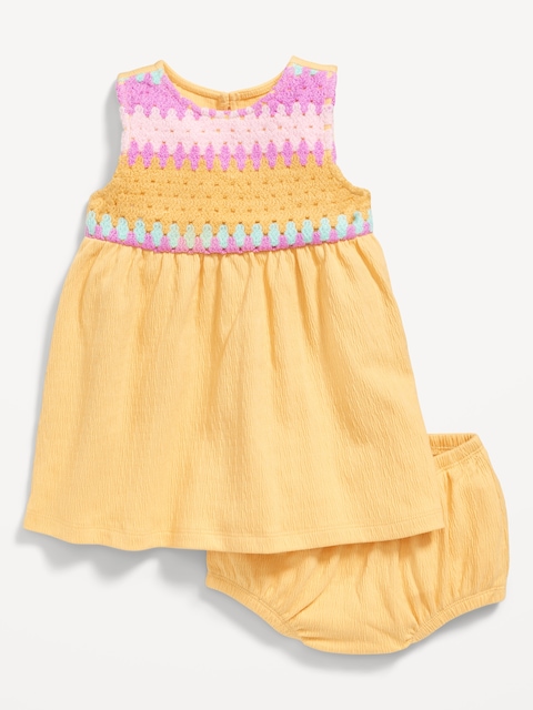 Sleeveless Crochet-Panel Dress and Shorts Set for Baby