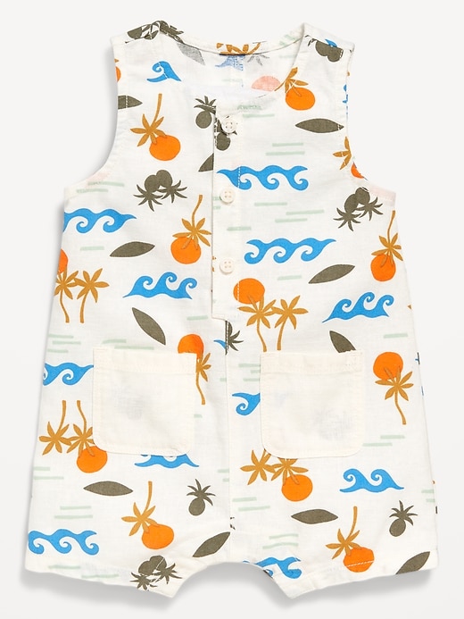 View large product image 1 of 1. Sleeveless Linen-Blend Henley One-Piece Romper for Baby