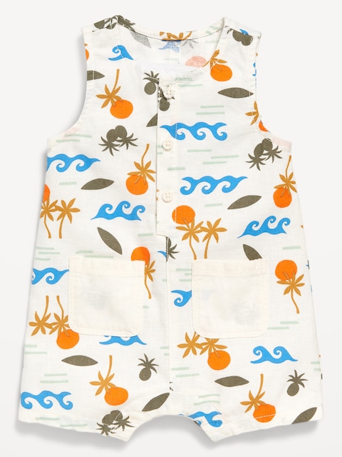 Sleeveless Linen-Blend Henley One-Piece Romper for Baby