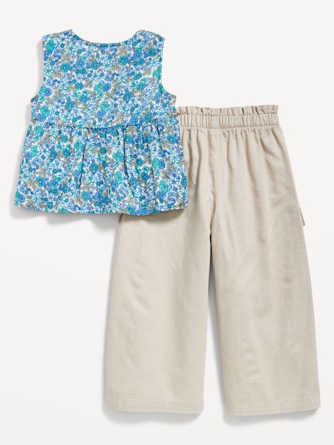 Printed Sleeveless Button-Front Top and Cargo Pants Set for Toddler Girls