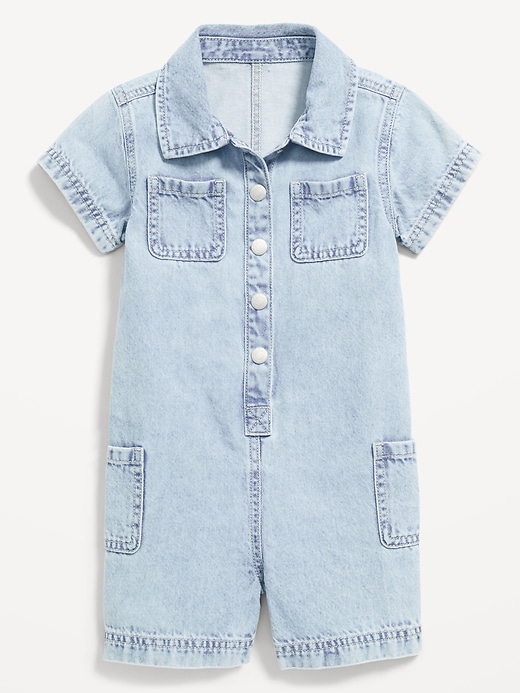 View large product image 1 of 1. Short-Sleeve Utility Jean Romper for Toddler Girls