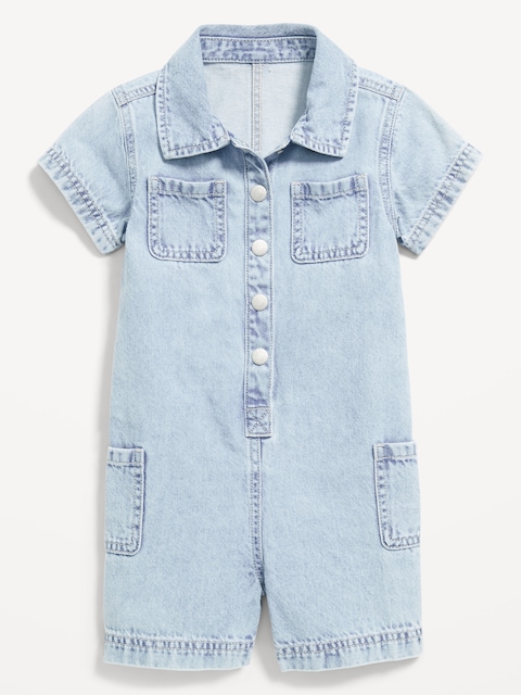 Short-Sleeve Utility Jean Romper for Toddler Girls