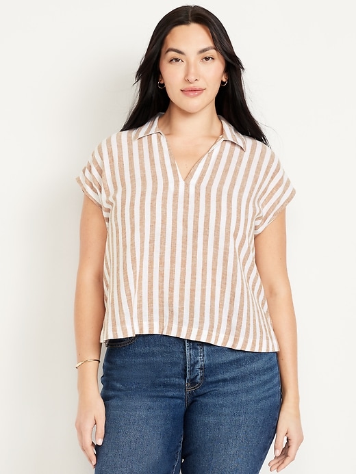 Image number 4 showing, Linen-Blend Cropped Popover Shirt