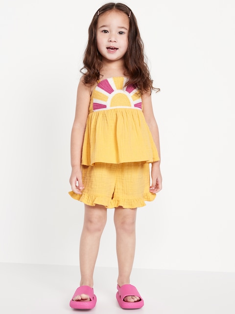 Sleeveless Double-Weave Top and Shorts Set for Toddler Girls
