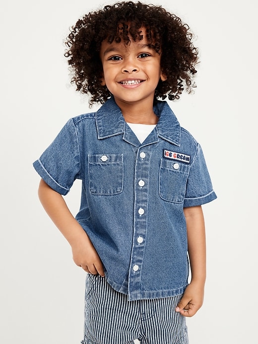 View large product image 1 of 3. Short-Sleeve Embroidered Pocket Shirt for Toddler Boys