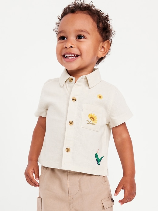 View large product image 1 of 2. Embroidered Short-Sleeve Linen-Blend Shirt for Baby