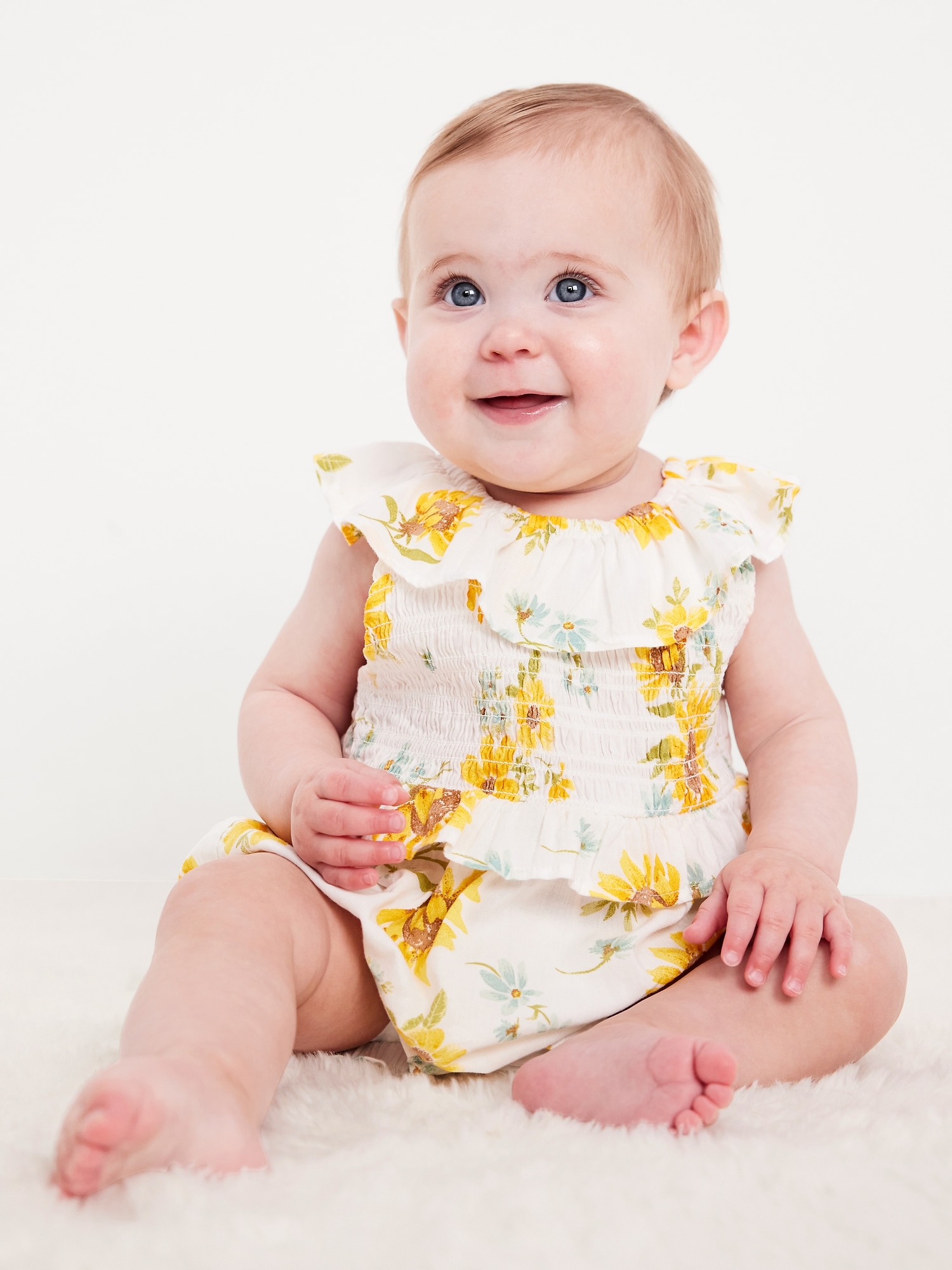 Sleeveless Ruffle-Trim Smocked One-Piece Romper for Baby