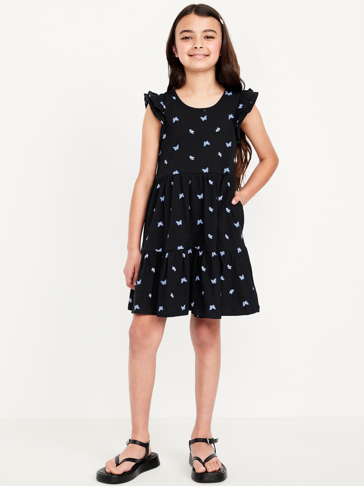 Printed Flutter-Sleeve Tiered Swing Dress for Girls