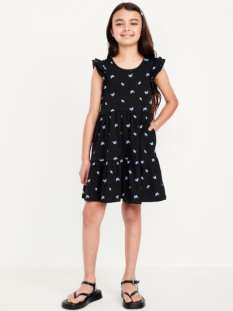 Printed Flutter-Sleeve Tiered Swing Dress for Girls