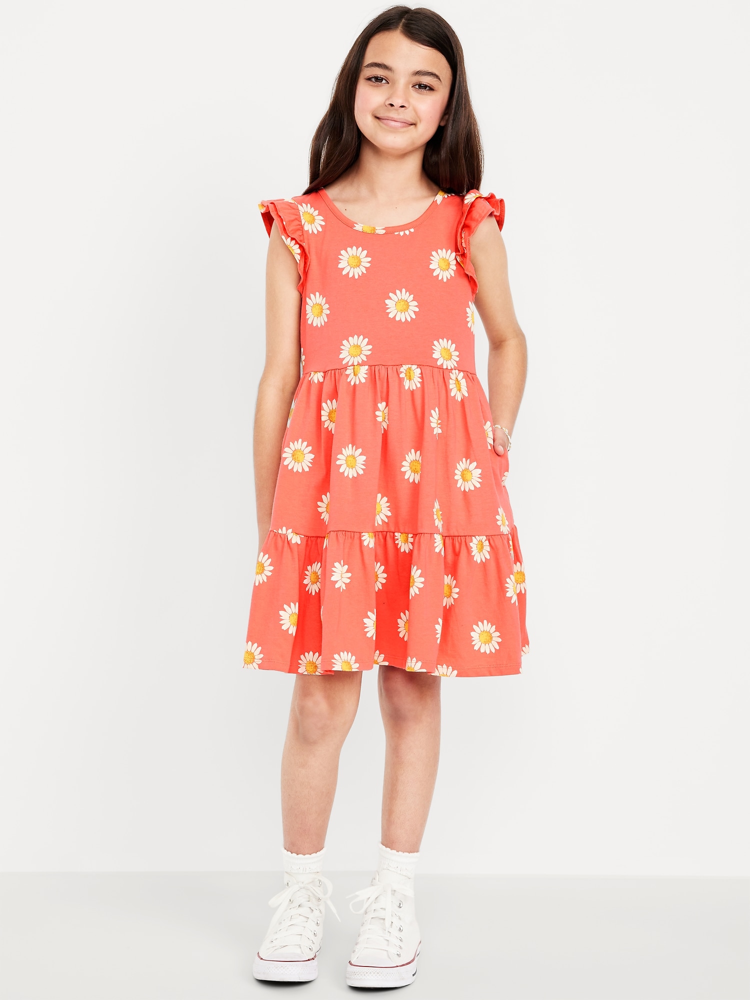 Printed Flutter-Sleeve Tiered Swing Dress for Girls