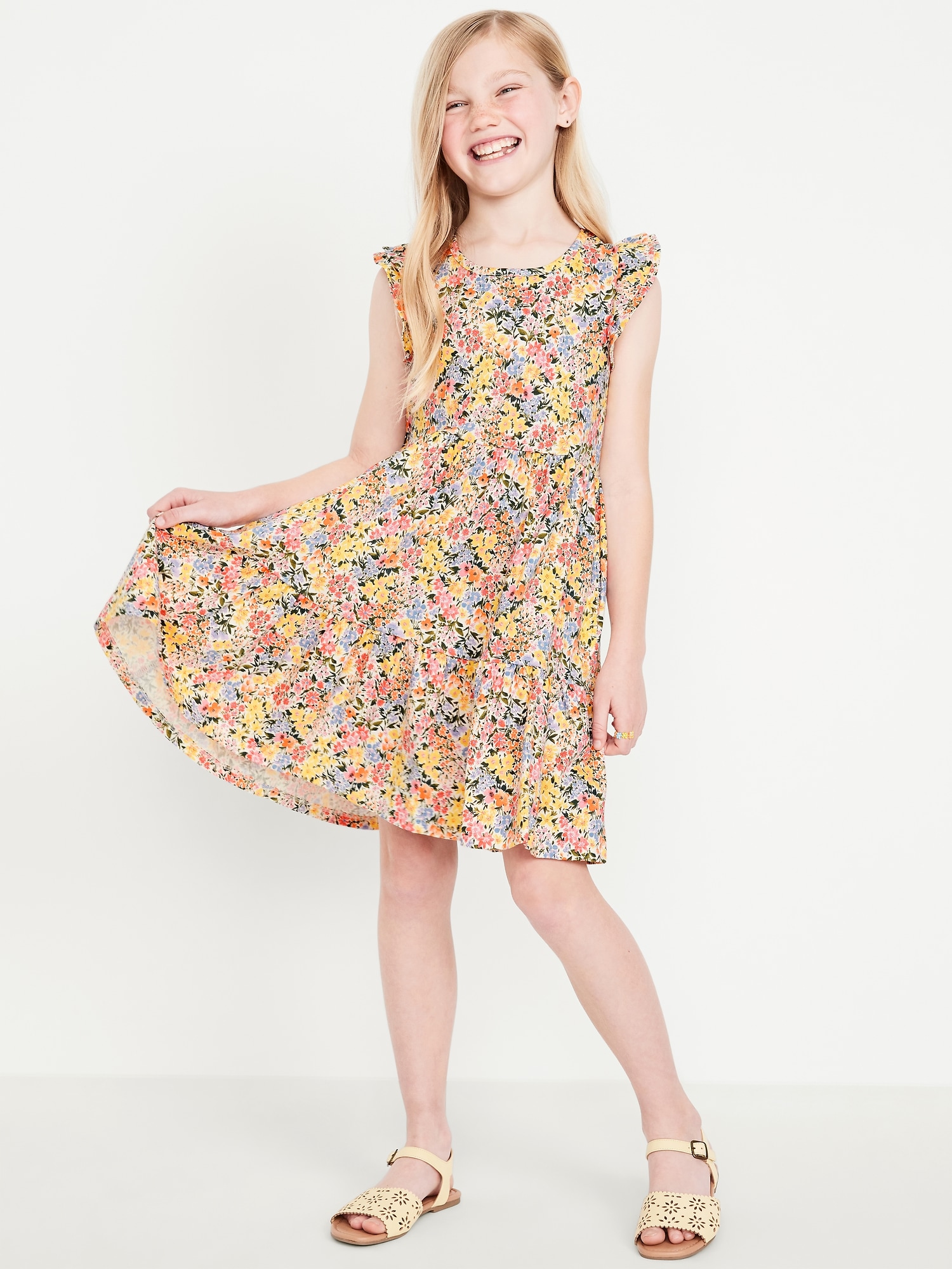 Printed Flutter-Sleeve Tiered Swing Dress for Girls