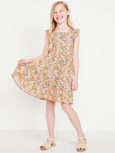 Printed Flutter-Sleeve Tiered Swing Dress for Girls