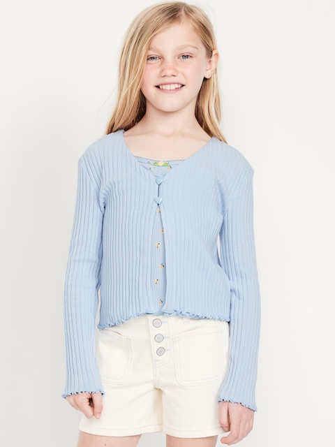 Cardigan à col en V boutonné devant en tricot côtelé pour fille