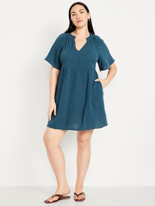 Image number 4 showing, Split-Neck Crinkle Gauze Mini Swing Dress