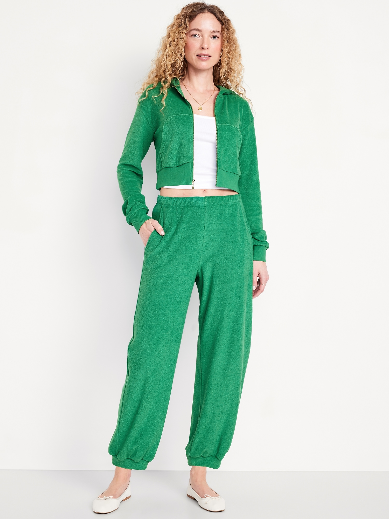 Pantalon coupe baril à taille haute en jersey bouclette longueur cheville
