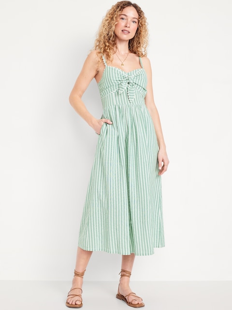 Fit & Flare Tie-Front Seersucker Midi Dress