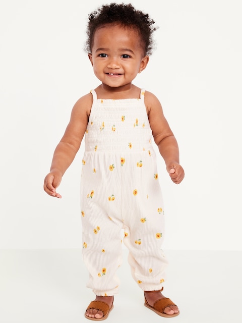Printed Sleeveless Smocked Jumpsuit for Baby - Yellow