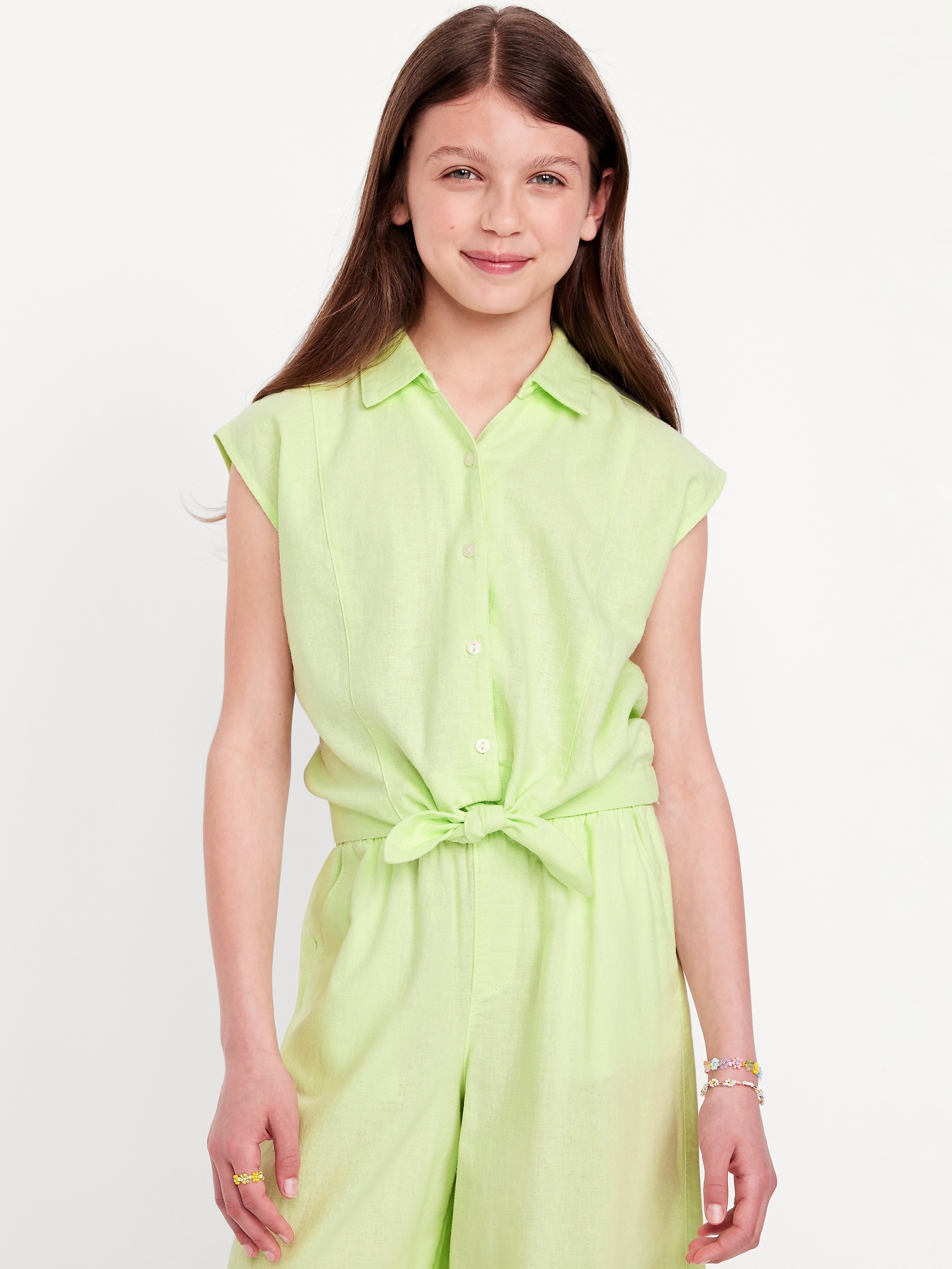 Button-Front Tie-Knot Linen-Blend Shirt for Girls