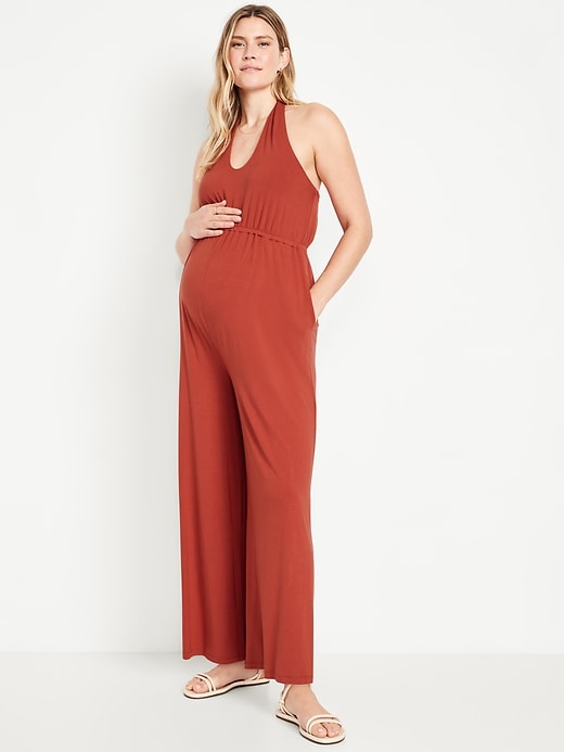 Image number 1 showing, Maternity Waist-Defined Halter Jumpsuit