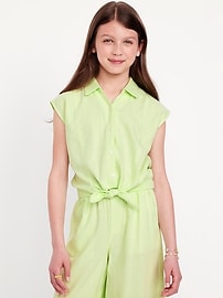 Image number 1 showing, Button-Front Tie-Knot Linen-Blend Shirt for Girls