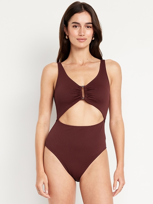 Image number 1 showing, Textured One-Piece Cut-Out Swimsuit