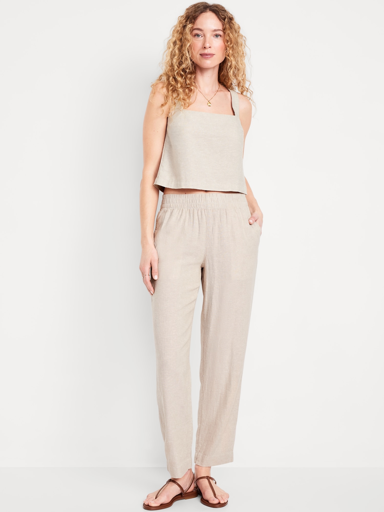 High-Waisted Linen-Blend Straight Ankle Pants