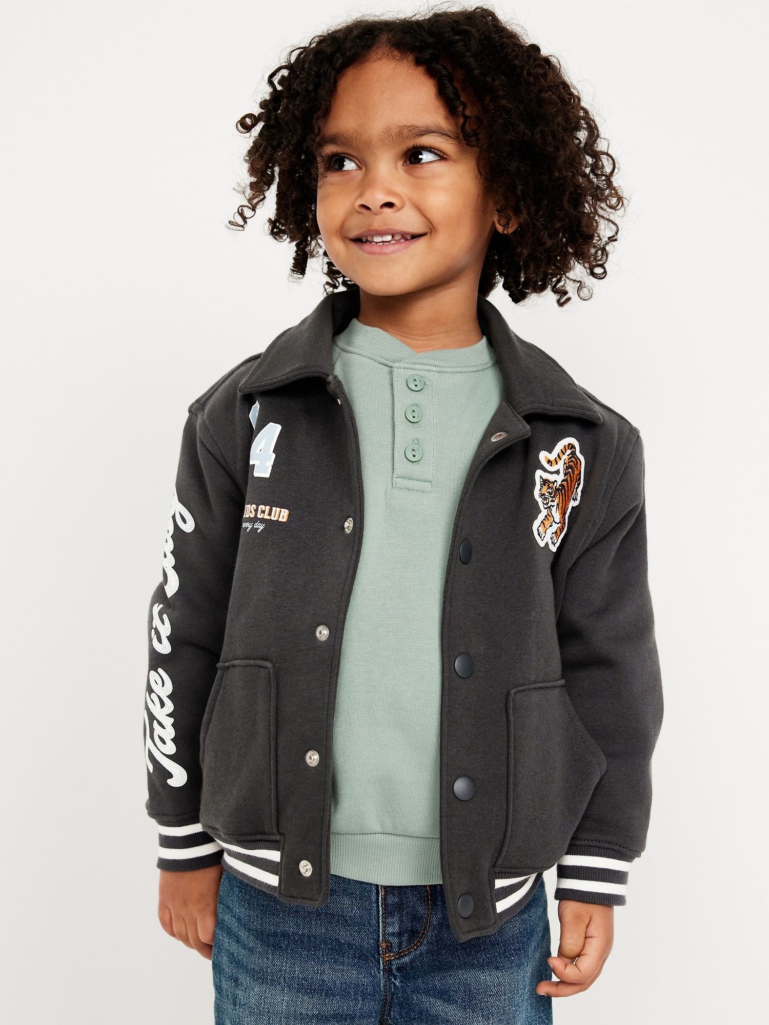 Collared Button-Front Bomber Jacket for Toddler Boys