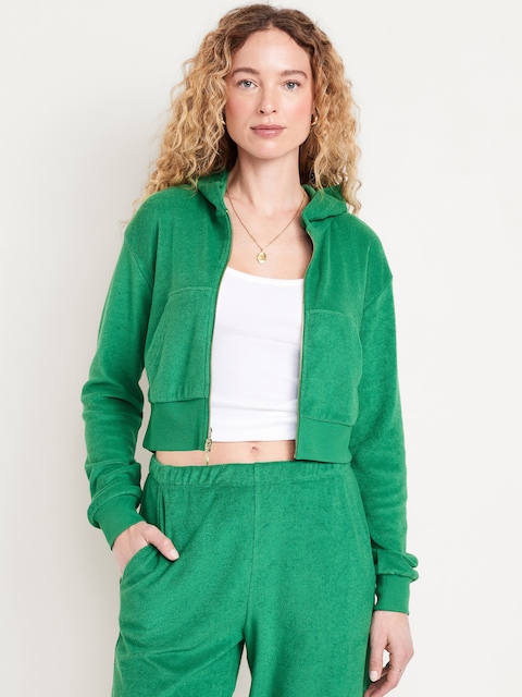 Veste à capuchon court en jersey bouclette