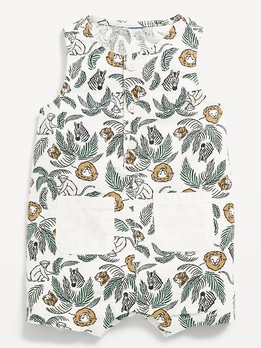 View large product image 1 of 2. Printed Sleeveless Linen-Blend Henley One-Piece Romper for Baby