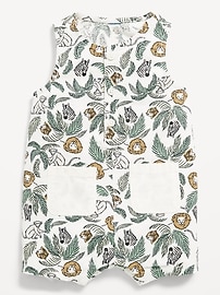 Image number 1 showing, Printed Sleeveless Linen-Blend Henley One-Piece Romper for Baby