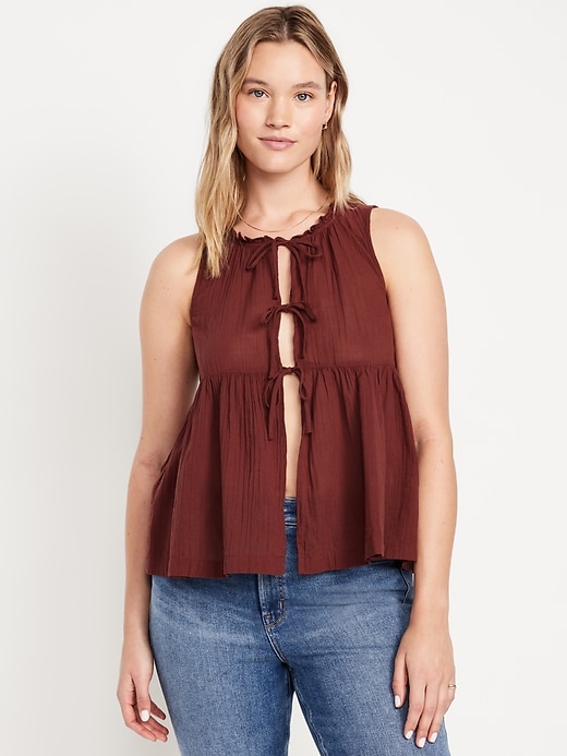 Image number 4 showing, Sleeveless Crinkle Gauze Tie-Front Top