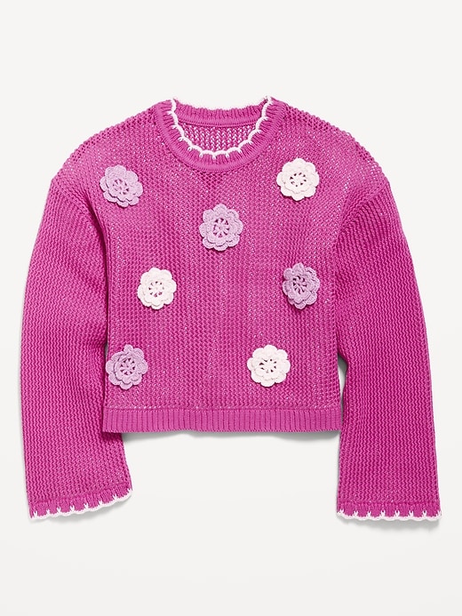View large product image 2 of 4. Long-Sleeve Crochet-Floral Sweater for Girls