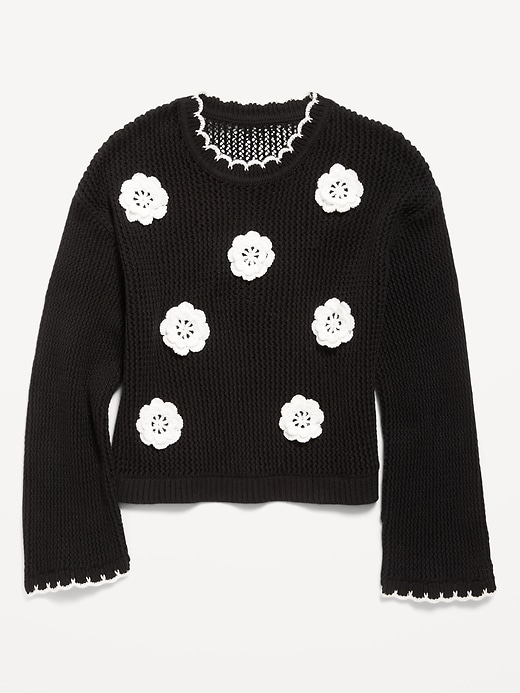 View large product image 2 of 4. Long-Sleeve Crochet-Floral Sweater for Girls
